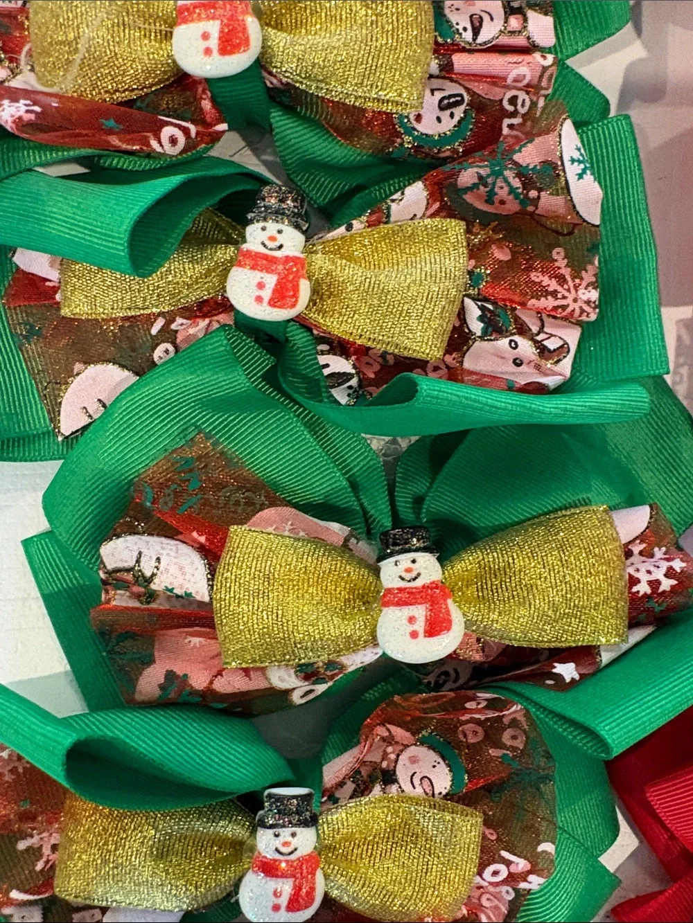 Kids Holiday Hair Bows with Snowman Accent - Red & Green Set of 12 - Picture 2 of 4